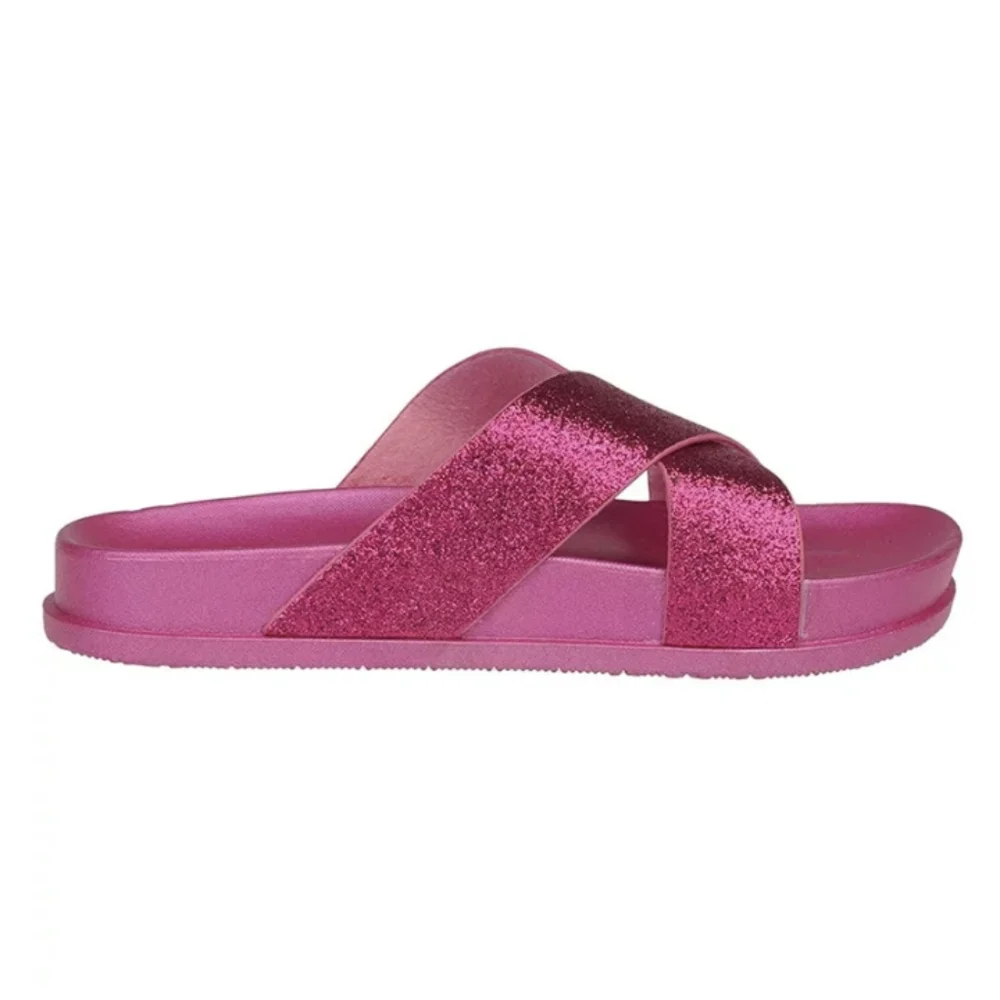Rampage Fuschia Glitter Criss Cross Flat Slide Sandals Size 13/1